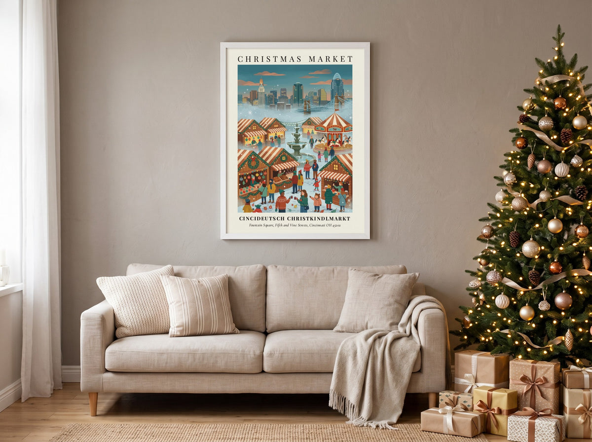 Poster featuring the Cincideutsch Christkindlmarkt with wooden stalls and a carousel in Cincinnati.