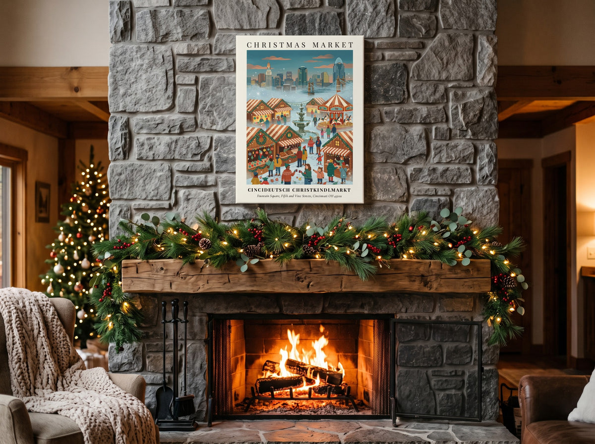 Poster featuring the Cincideutsch Christkindlmarkt with wooden stalls and a carousel in Cincinnati.