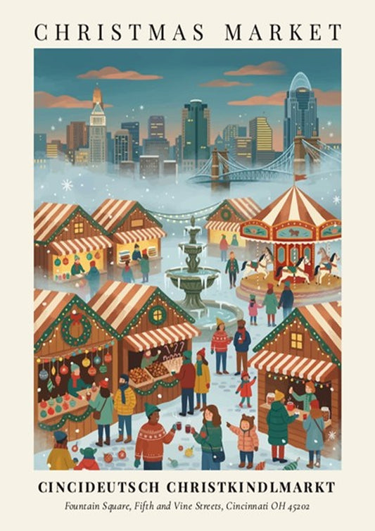 Poster featuring the Cincideutsch Christkindlmarkt with wooden stalls and a carousel in Cincinnati.