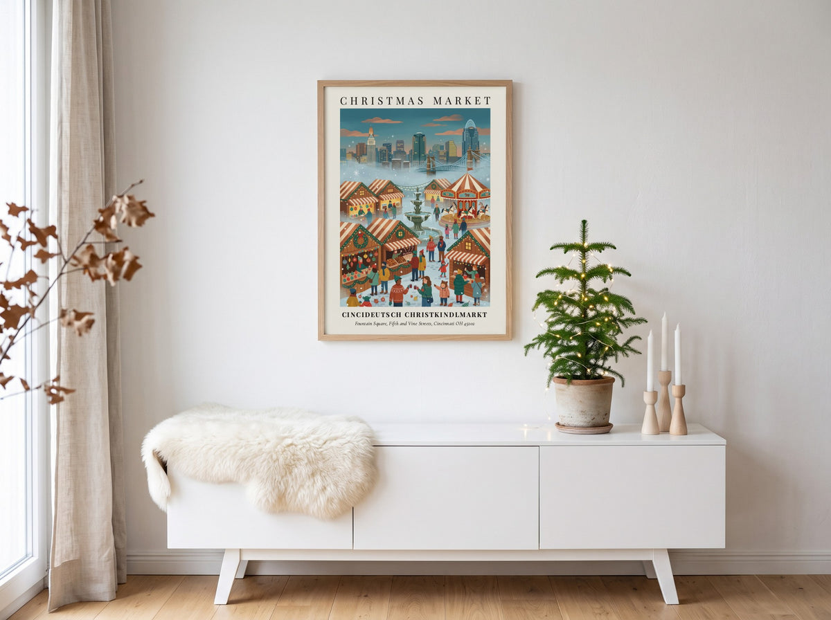 Poster featuring the Cincideutsch Christkindlmarkt with wooden stalls and a carousel in Cincinnati.