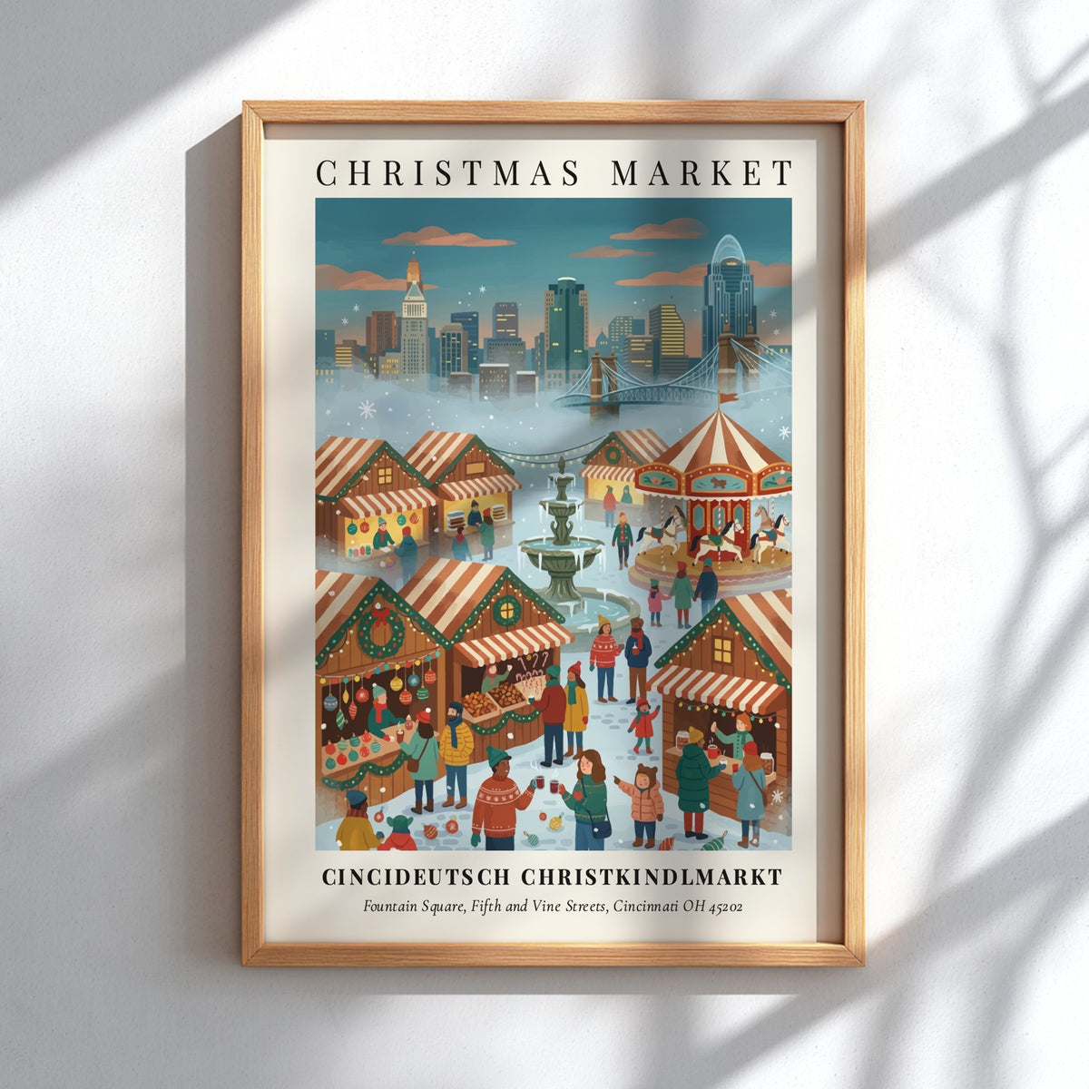 Poster featuring the Cincideutsch Christkindlmarkt with wooden stalls and a carousel in Cincinnati.