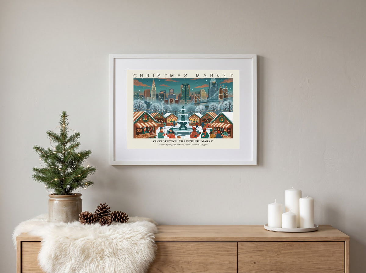 Poster of Cincideutsch Christkindlmarkt showing snowy stalls and the Cincinnati skyline at night