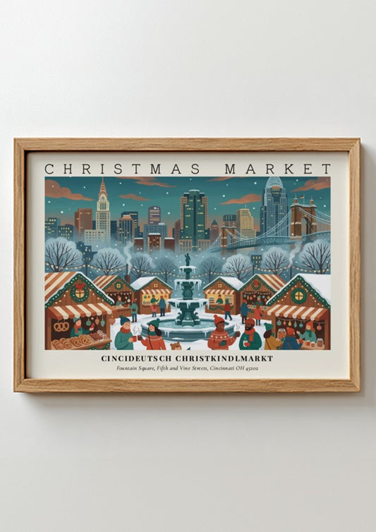 Poster of Cincideutsch Christkindlmarkt showing snowy stalls and the Cincinnati skyline at night