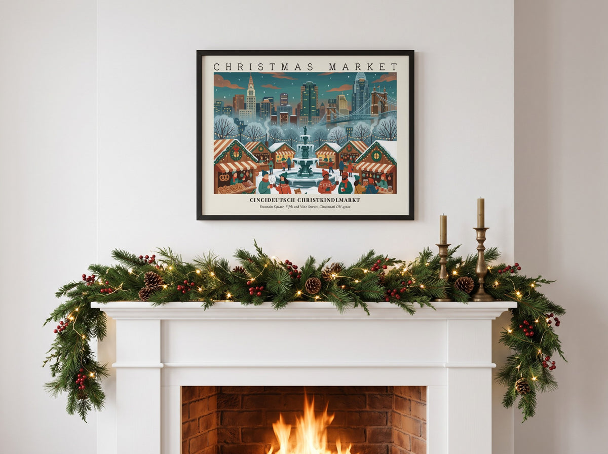 Poster of Cincideutsch Christkindlmarkt showing snowy stalls and the Cincinnati skyline at night