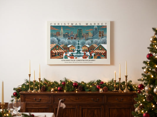 Poster of Cincideutsch Christkindlmarkt showing snowy stalls and the Cincinnati skyline at night