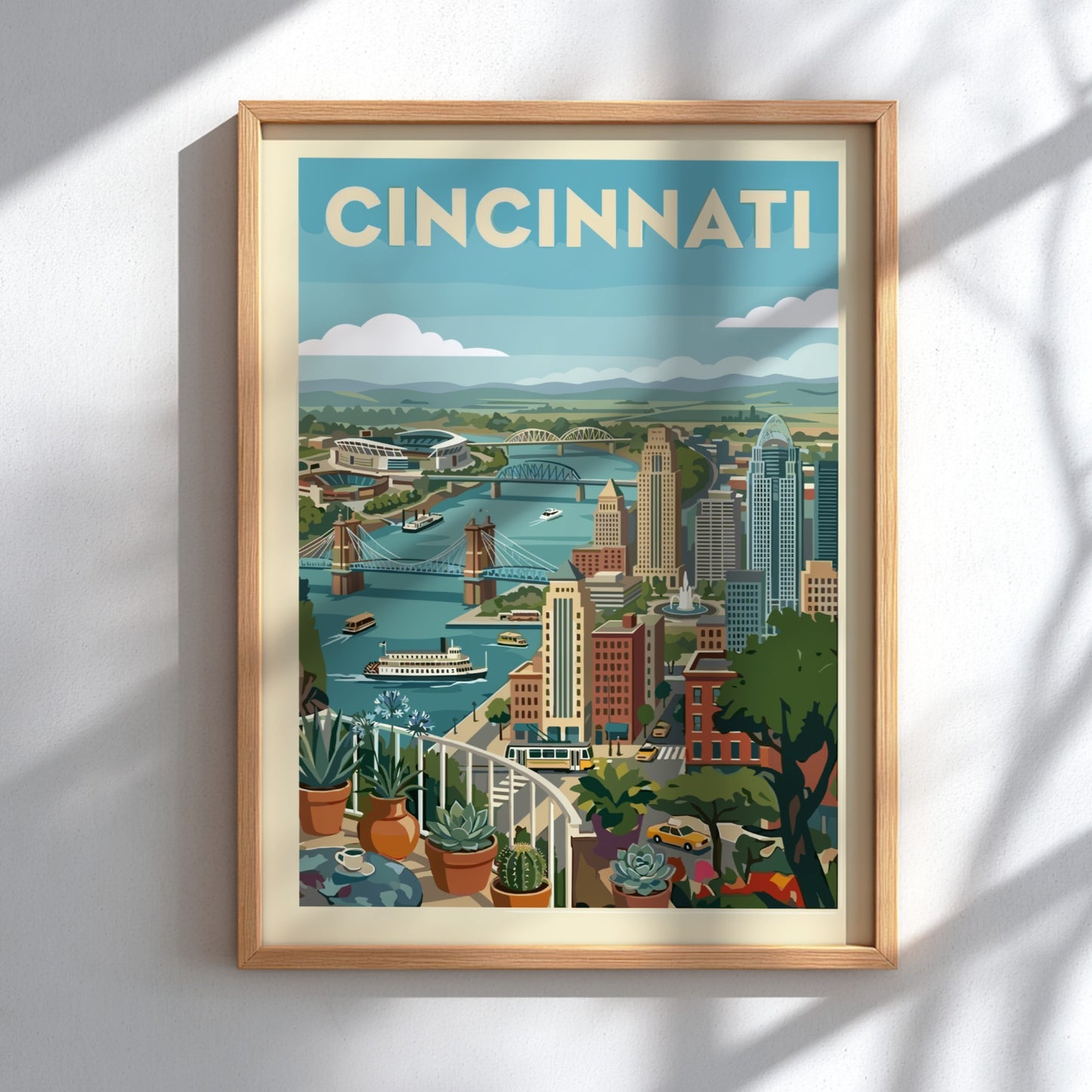 Cincinnati cityscape art print with retro style, showing skyline, bridges, and river in a warm color palette.