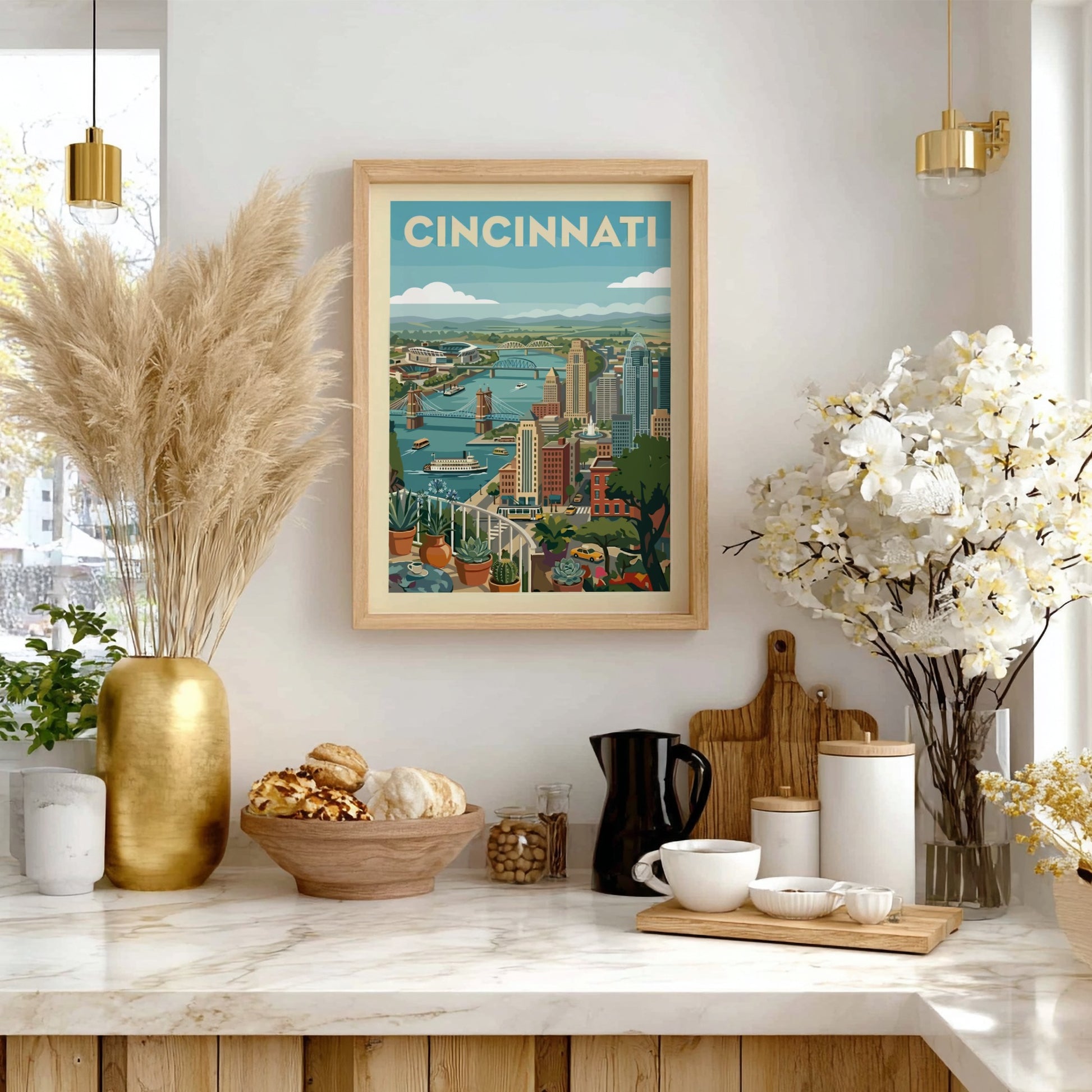 Cincinnati cityscape art print with retro style, showing skyline, bridges, and river in a warm color palette.