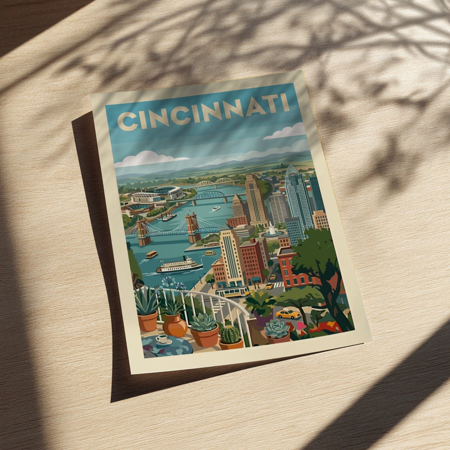 Cincinnati cityscape art print with retro style, showing skyline, bridges, and river in a warm color palette.
