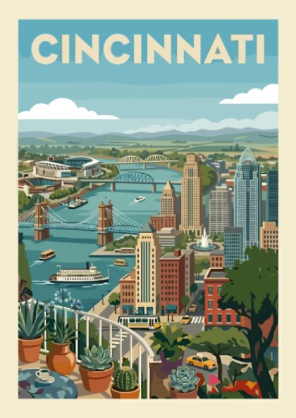 Cincinnati cityscape art print with retro style, showing skyline, bridges, and river in a warm color palette.