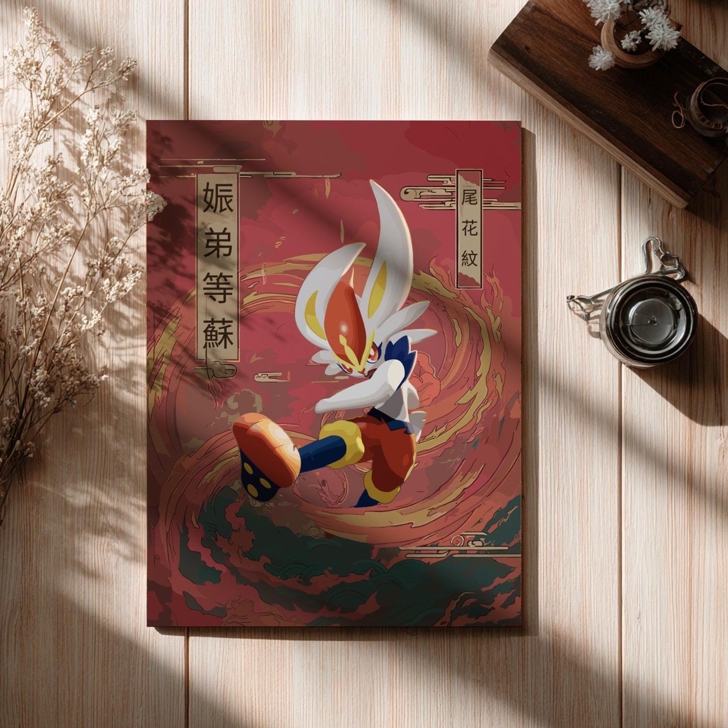 Poster with a colorful Cinderace Pokemon character design on a wooden surface