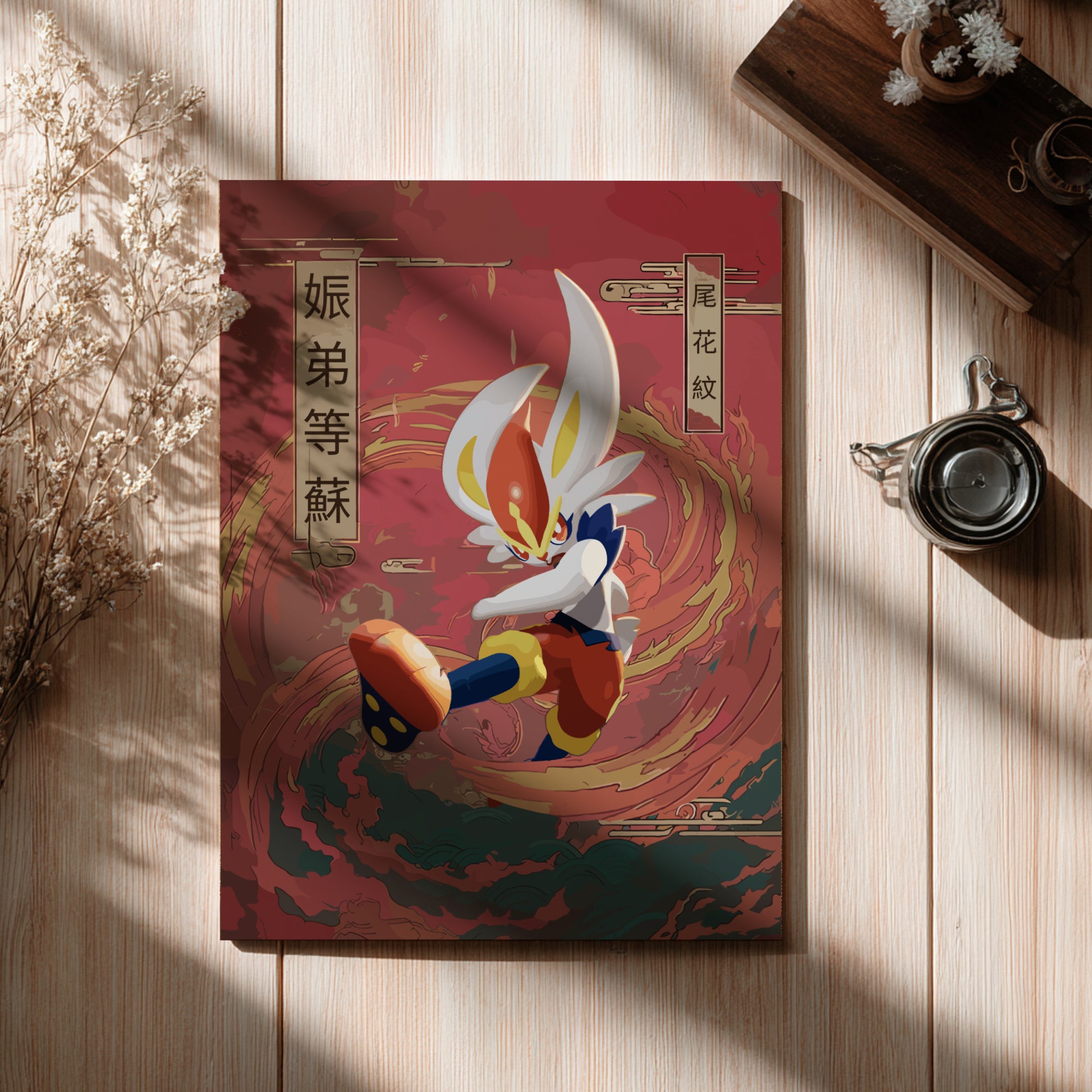 Poster with a colorful Cinderace Pokemon character design on a wooden surface