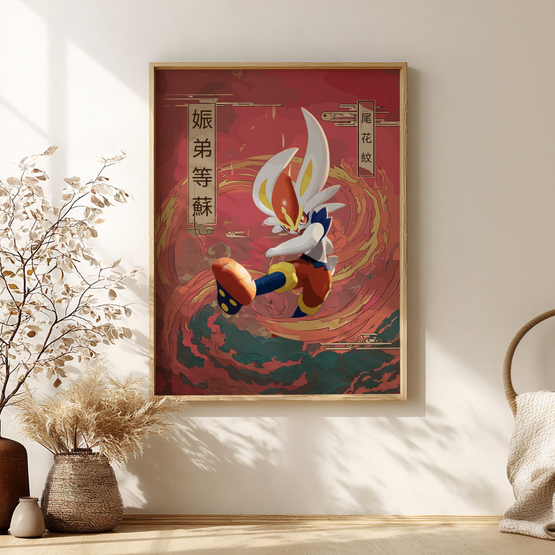 Framed artwork with a colorful Cinderace Pokemon character on a red background, placed on a wall with decorative elements.