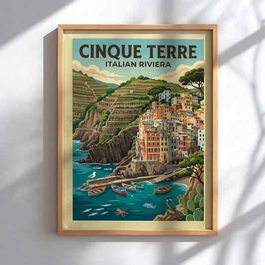 Travel poster featuring the colorful houses of Cinque Terre on the Italian Riviera coast