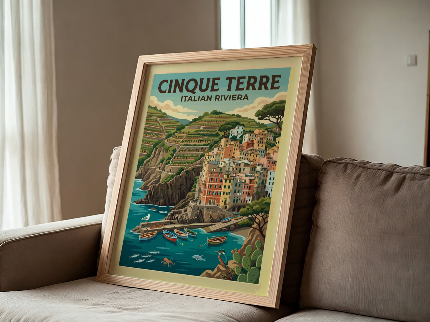Travel poster featuring the colorful houses of Cinque Terre on the Italian Riviera coast