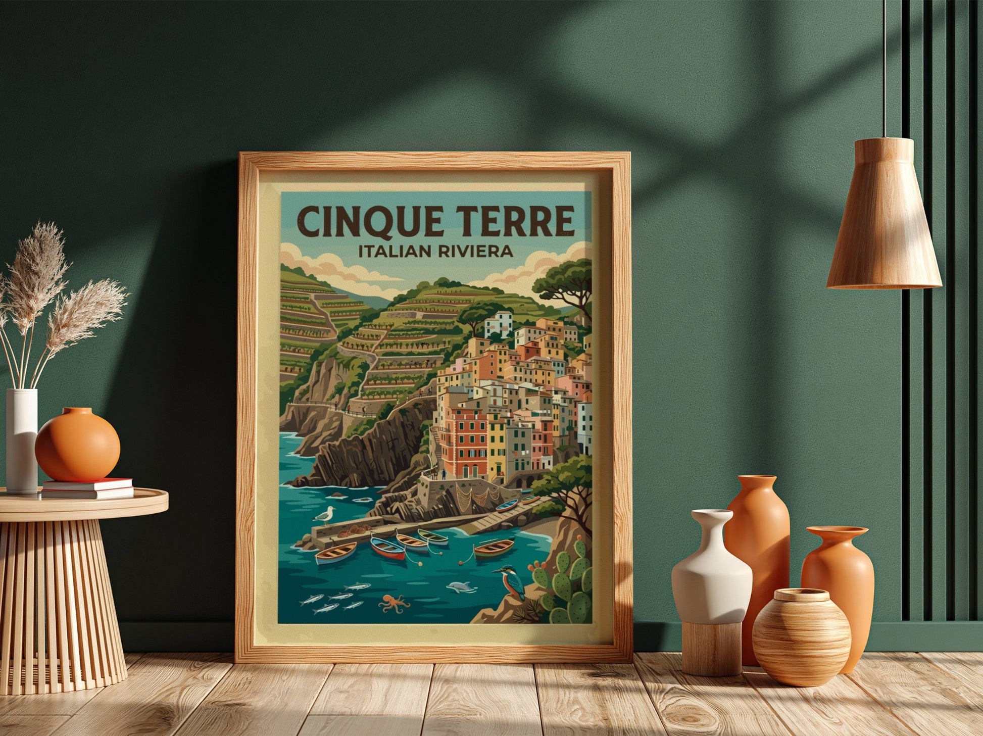 Travel poster featuring the colorful houses of Cinque Terre on the Italian Riviera coast