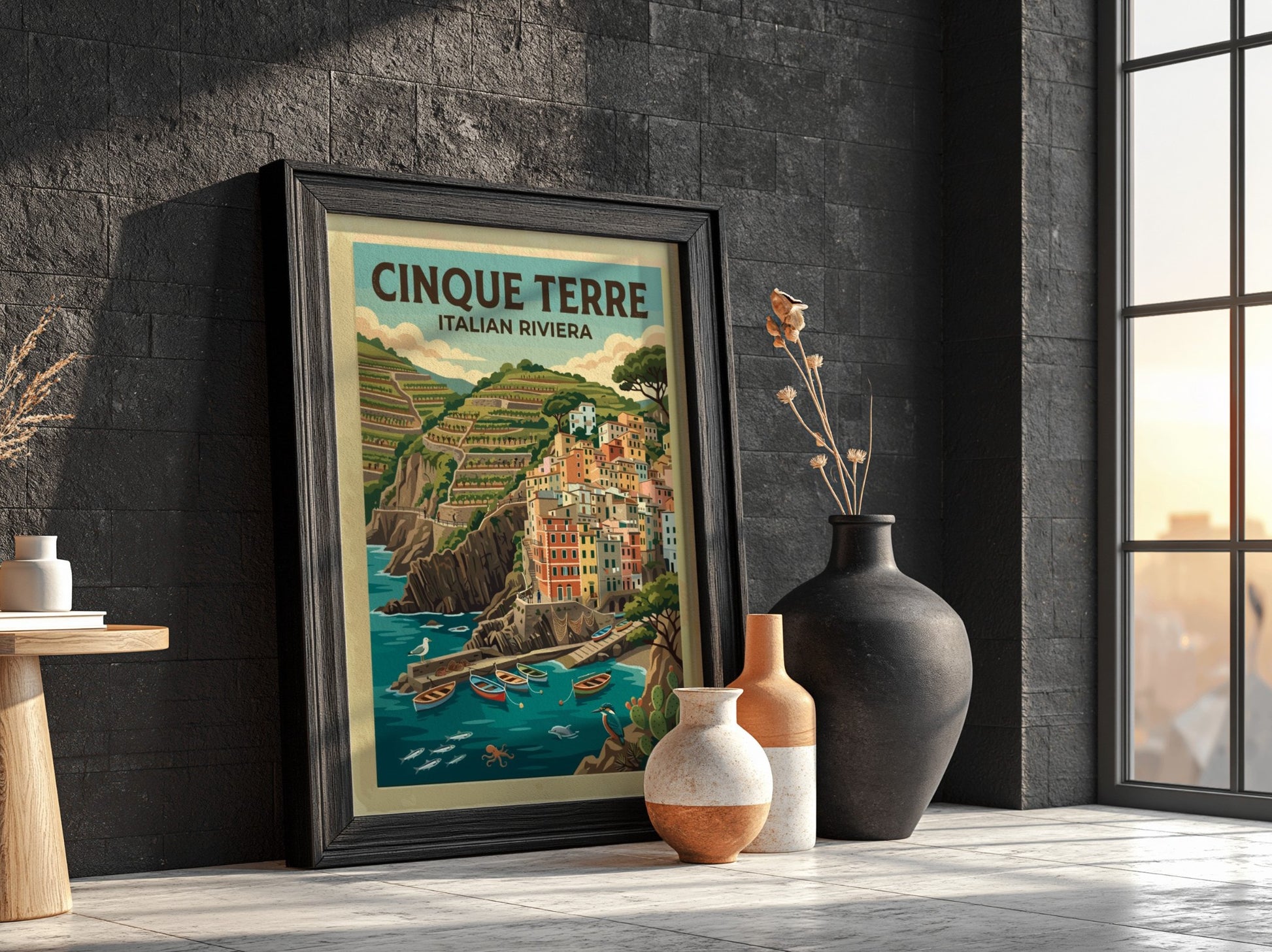 Travel poster featuring the colorful houses of Cinque Terre on the Italian Riviera coast
