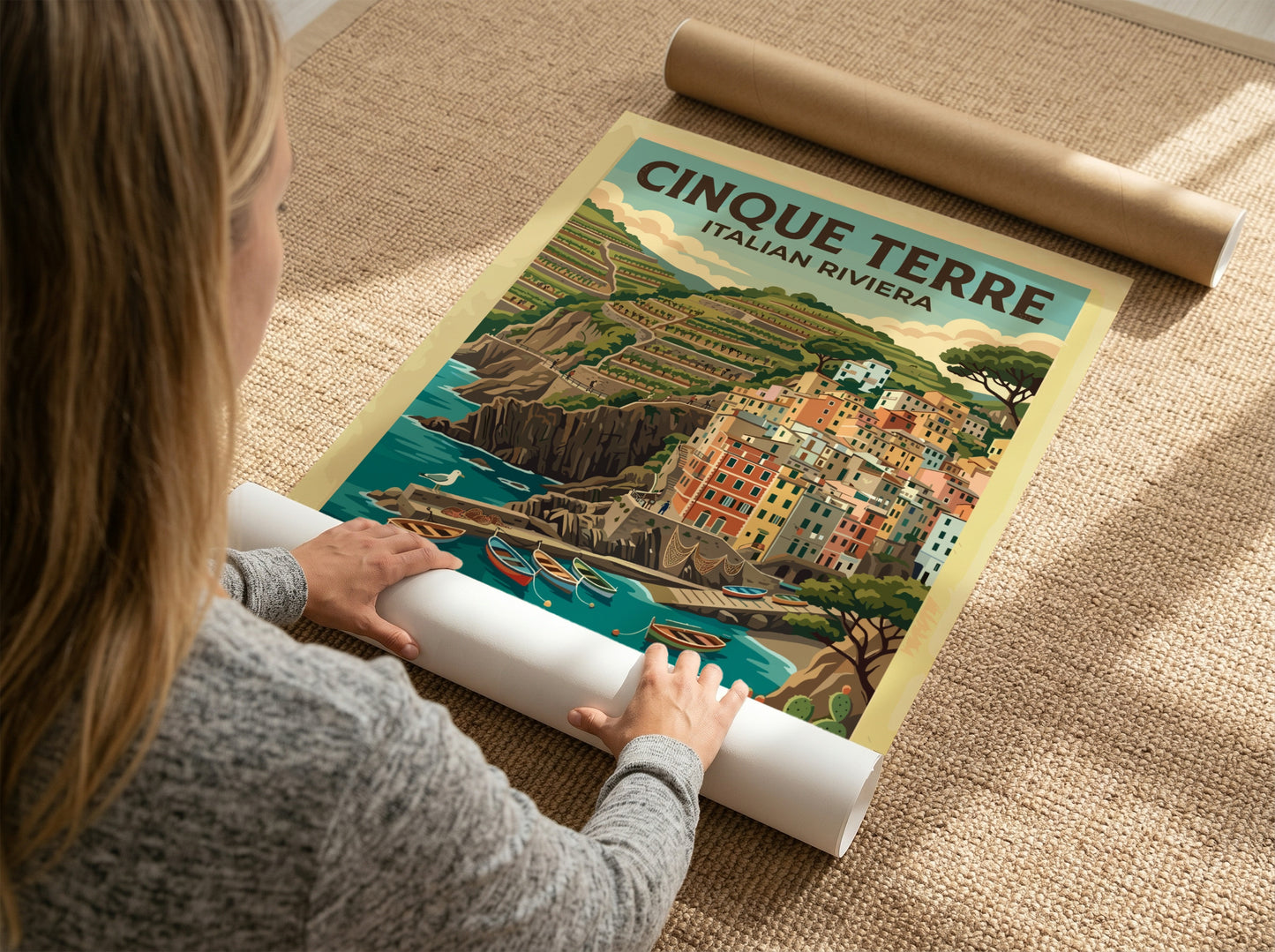 Travel poster featuring the colorful houses of Cinque Terre on the Italian Riviera coast