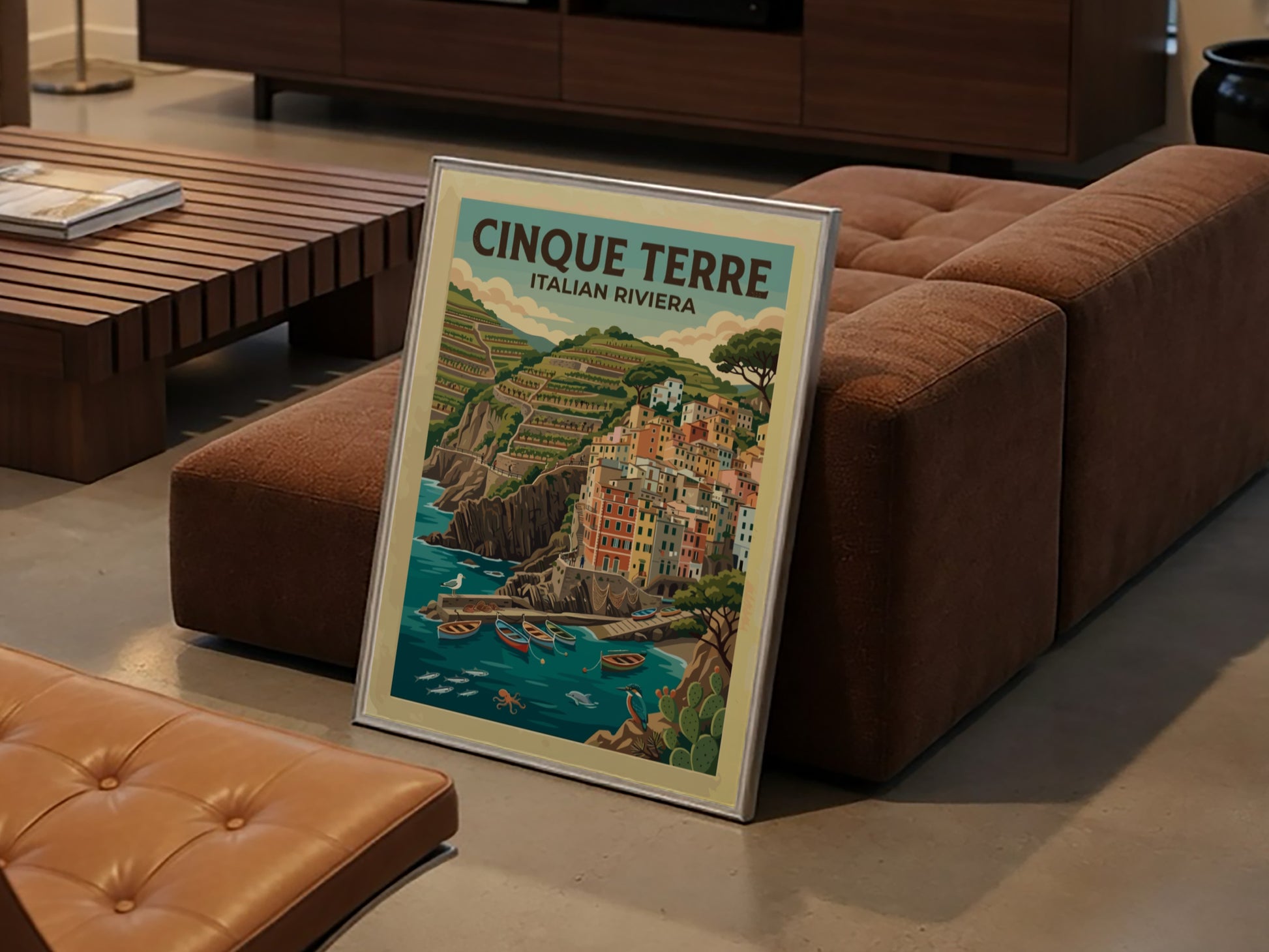 Travel poster featuring the colorful houses of Cinque Terre on the Italian Riviera coast