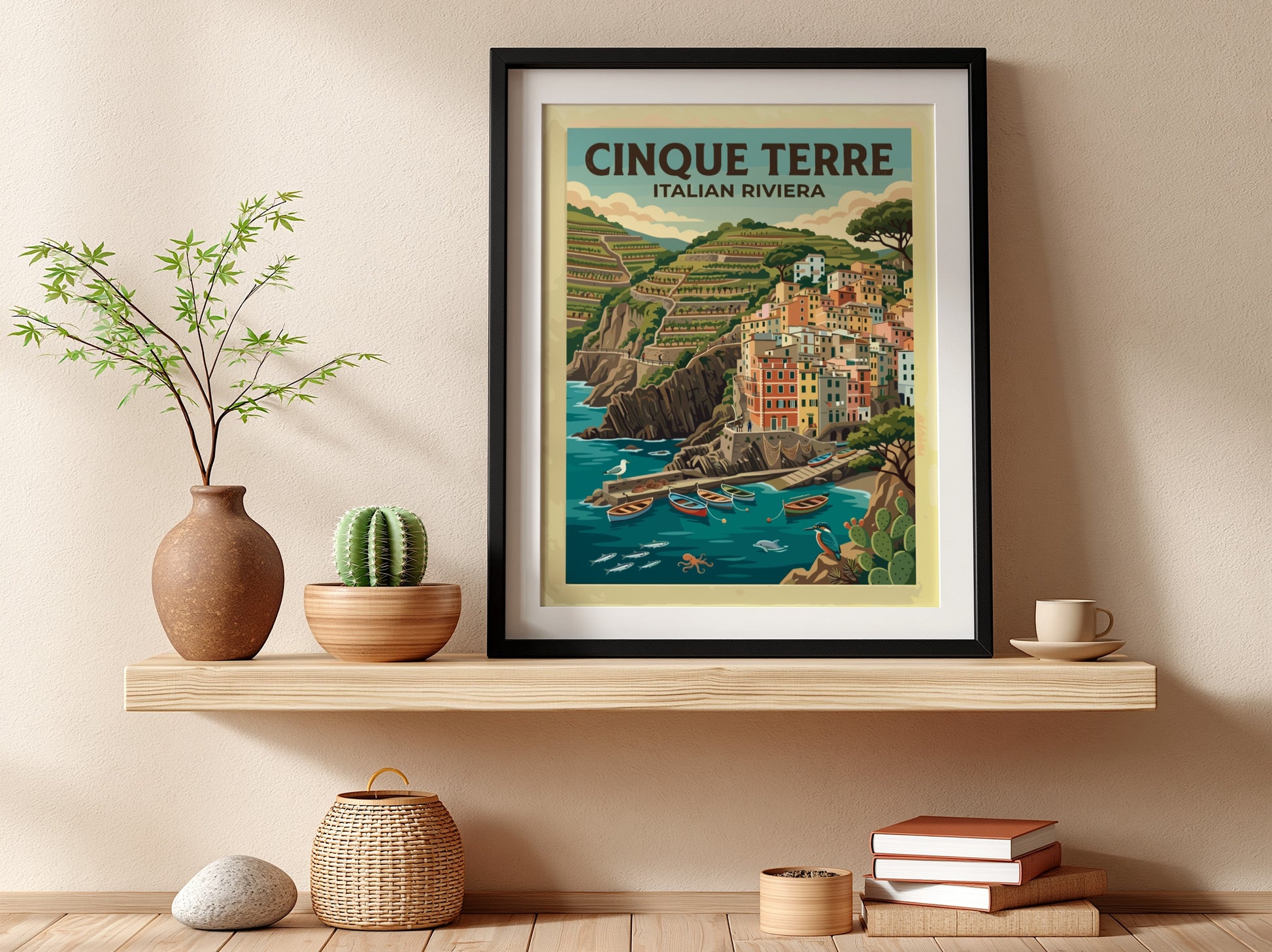 Travel poster featuring the colorful houses of Cinque Terre on the Italian Riviera coast