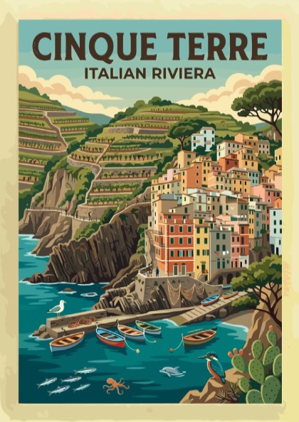 Travel poster featuring the colorful houses of Cinque Terre on the Italian Riviera coast