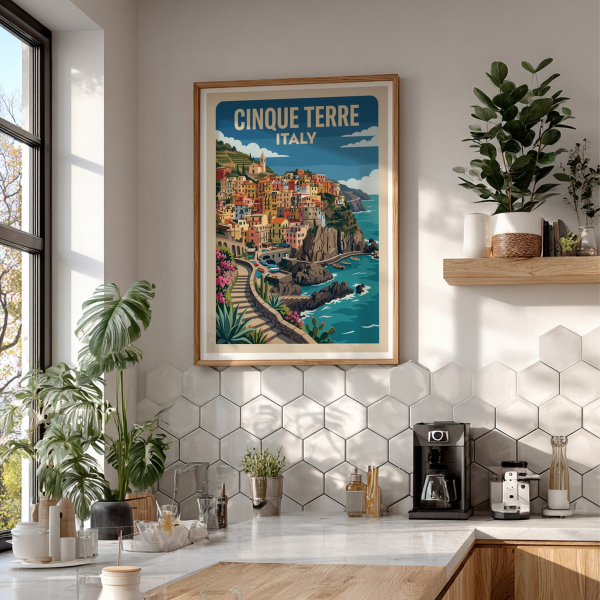 Cinque Terre travel poster featuring pastel houses on Italian cliffs above blue sea