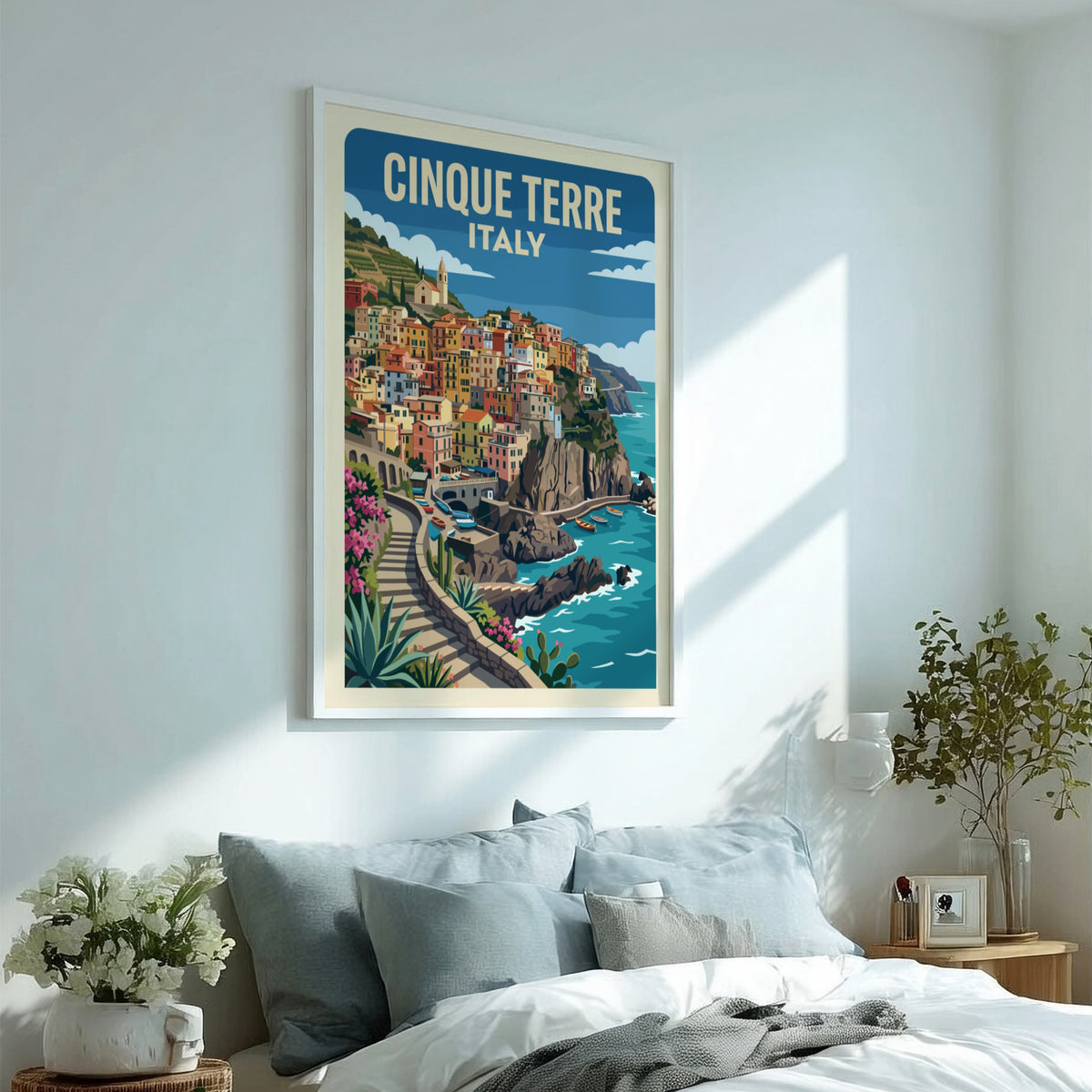 Cinque Terre travel poster featuring pastel houses on Italian cliffs above blue sea