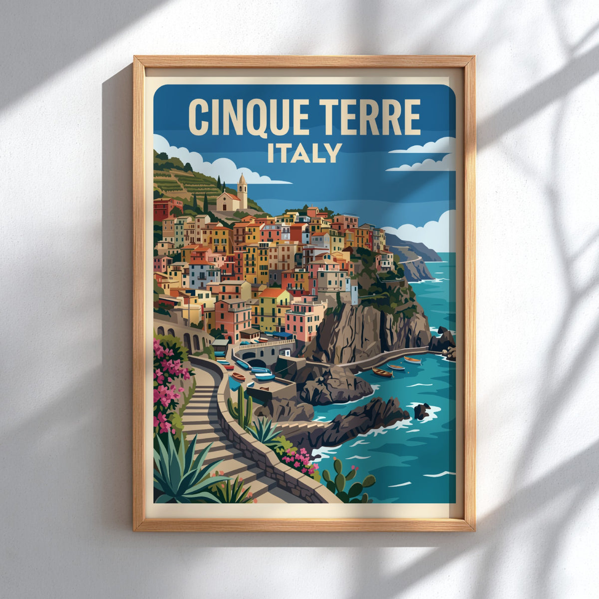 Cinque Terre travel poster featuring pastel houses on Italian cliffs above blue sea