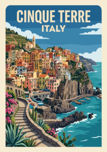 Cinque Terre travel poster featuring pastel houses on Italian cliffs above blue sea