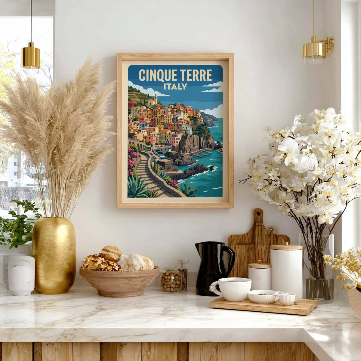 Cinque Terre travel poster featuring pastel houses on Italian cliffs above blue sea