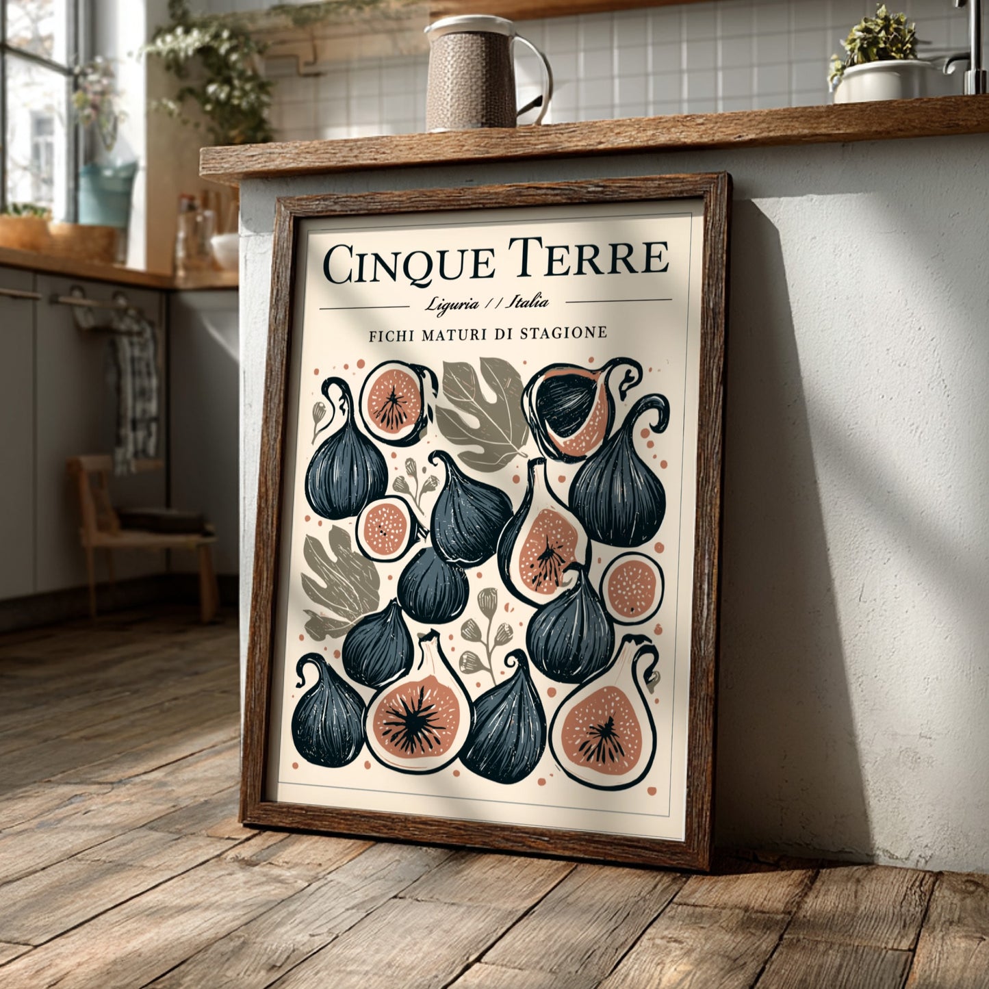Fig kitchen poster featuring illustrated figs in earthy colors, perfect for Mediterranean decor
