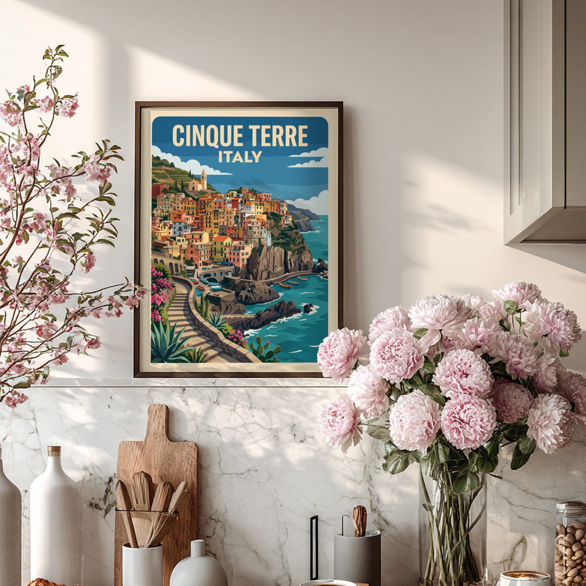 Cinque Terre travel poster featuring pastel houses on Italian cliffs above blue sea