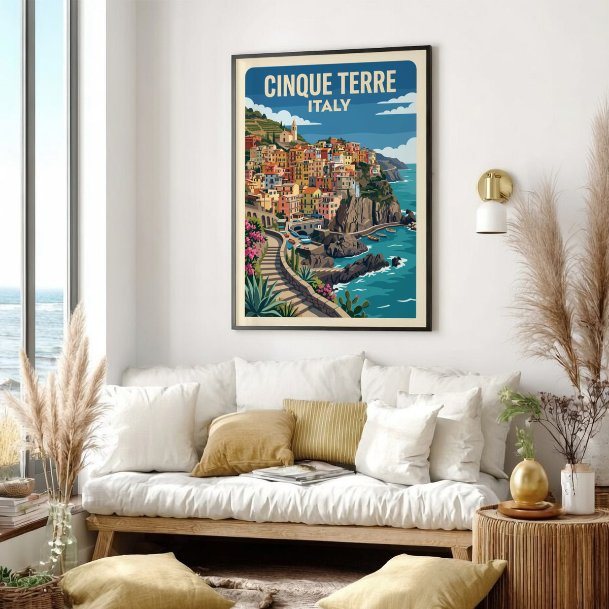 Cinque Terre travel poster featuring pastel houses on Italian cliffs above blue sea
