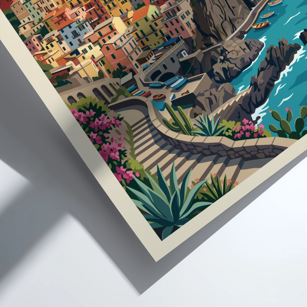 Cinque Terre travel poster featuring pastel houses on Italian cliffs above blue sea