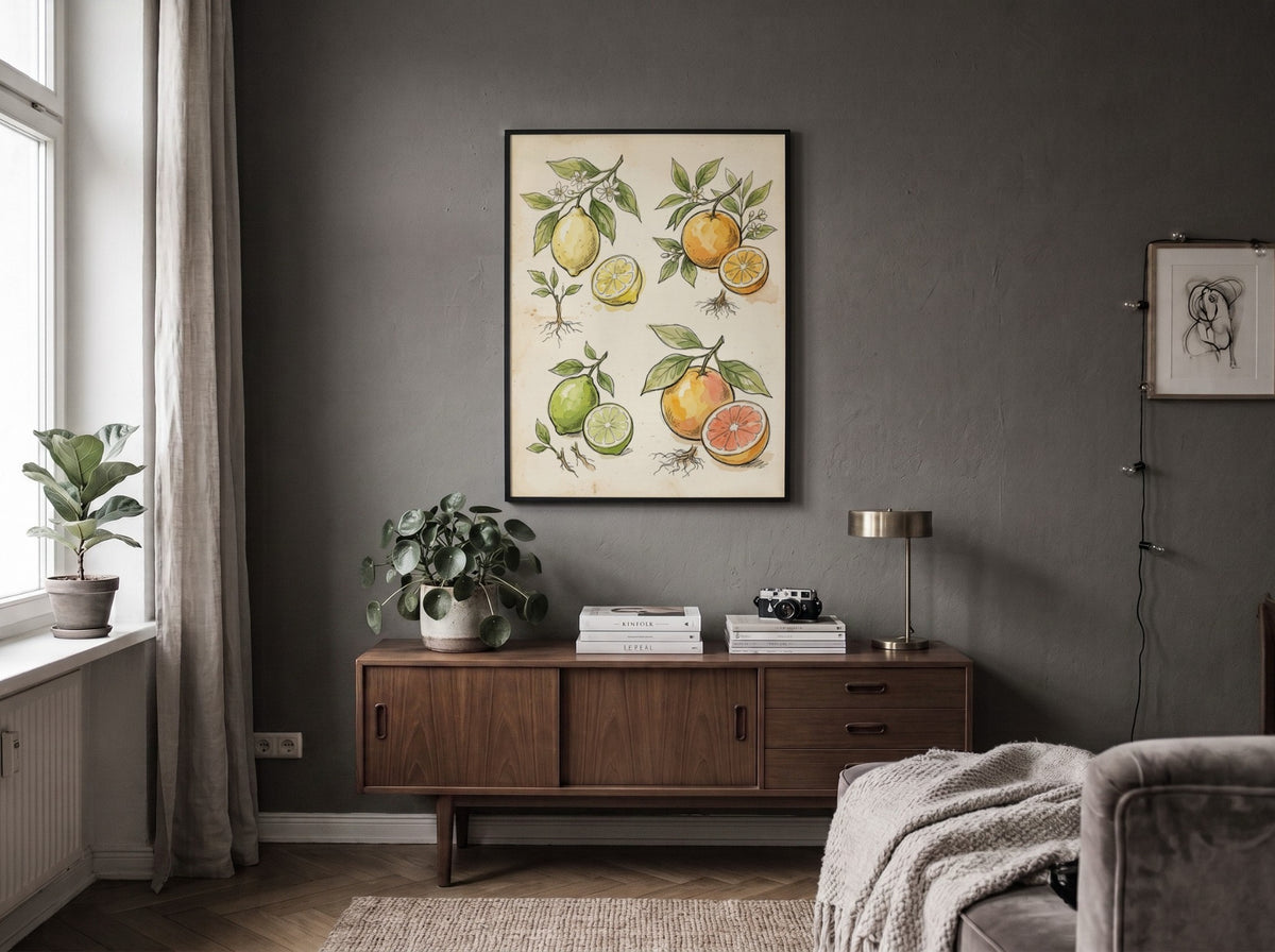 Poster featuring watercolour illustrations of lemons, oranges, and grapefruits with roots and leaves.