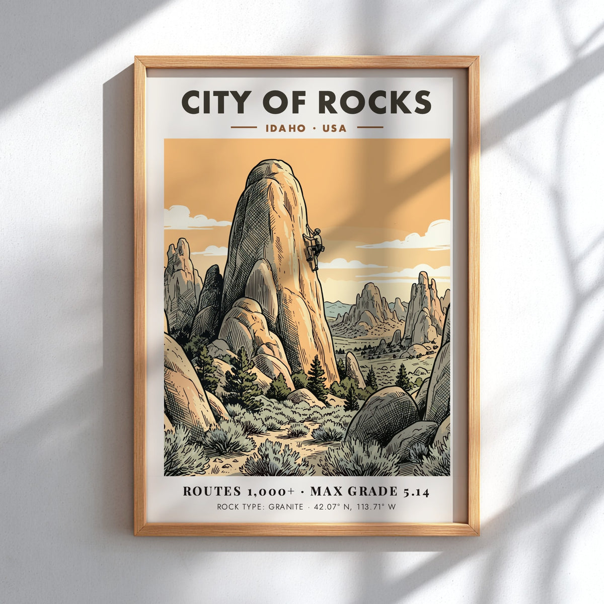 City of Rocks climbing poster featuring a lone climber on granite Idaho spires.