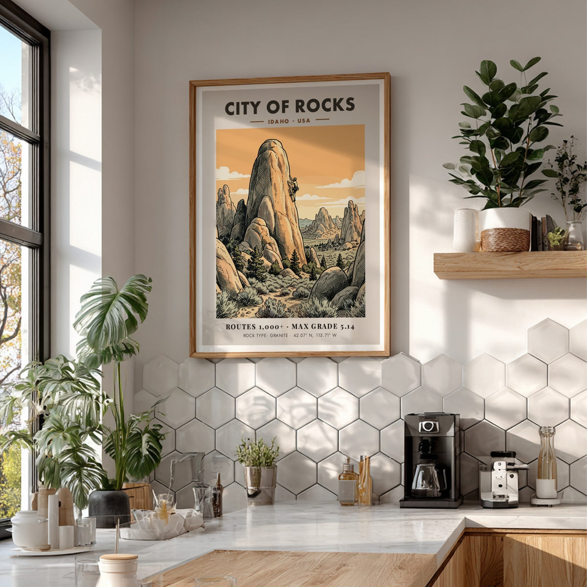 City of Rocks climbing poster featuring a lone climber on granite Idaho spires.