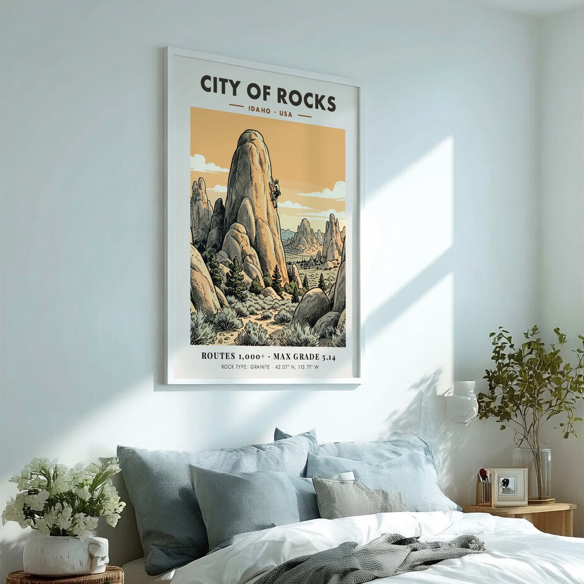 City of Rocks climbing poster featuring a lone climber on granite Idaho spires.