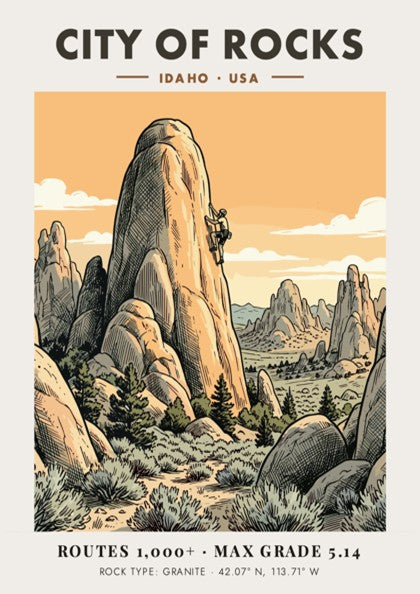 City of Rocks climbing poster featuring a lone climber on granite Idaho spires.