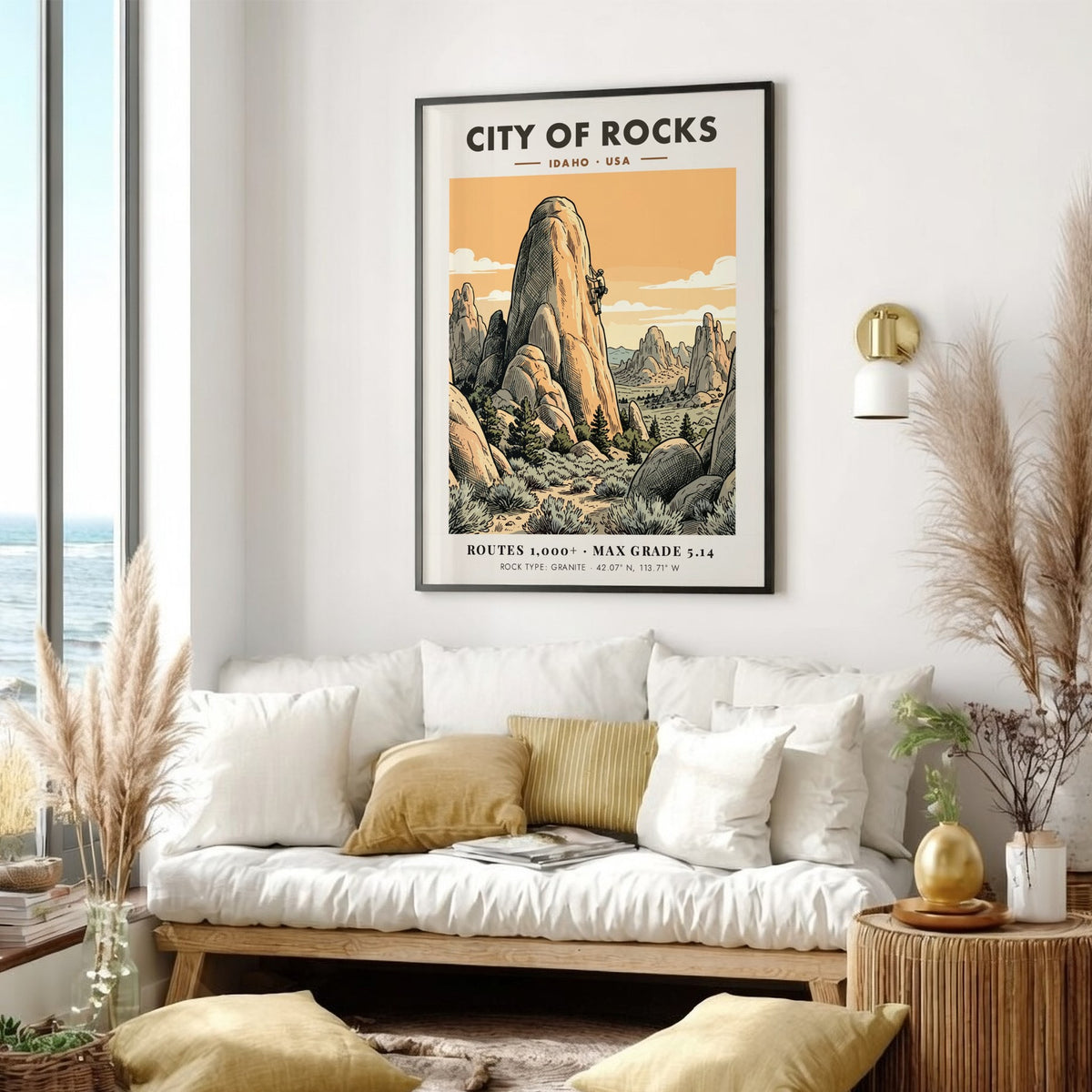 City of Rocks climbing poster featuring a lone climber on granite Idaho spires.