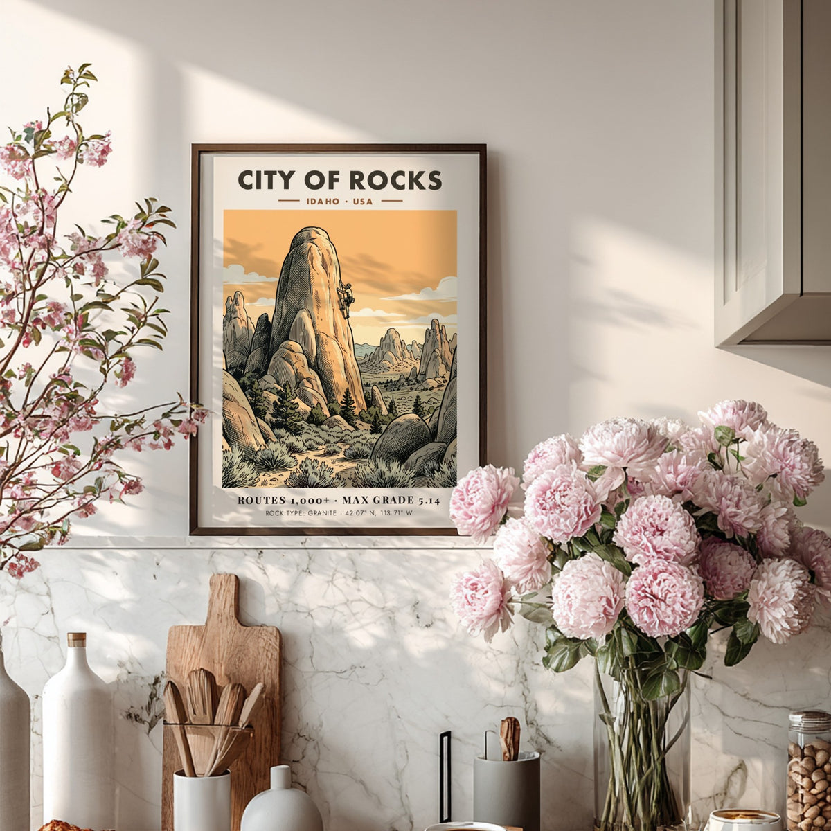 City of Rocks climbing poster featuring a lone climber on granite Idaho spires.