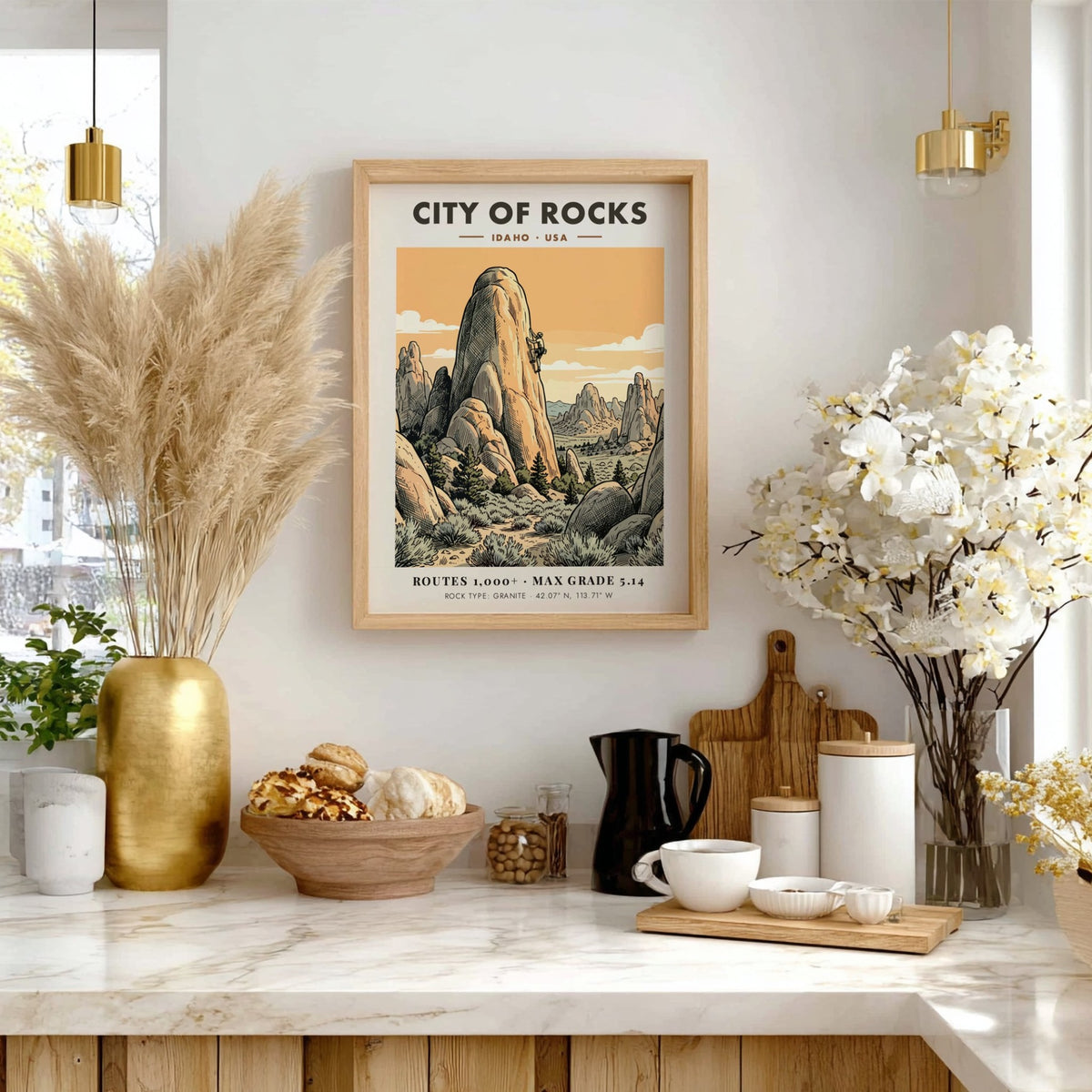 City of Rocks climbing poster featuring a lone climber on granite Idaho spires.