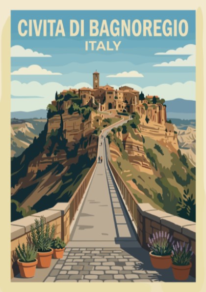 Poster of Civita di Bagnoregio showing a hilltop town and bridge in Italy.