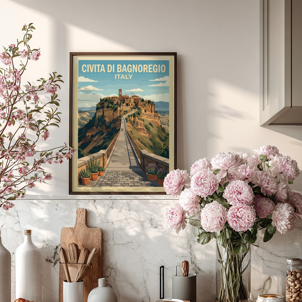Poster of Civita di Bagnoregio showing a hilltop town and bridge in Italy.