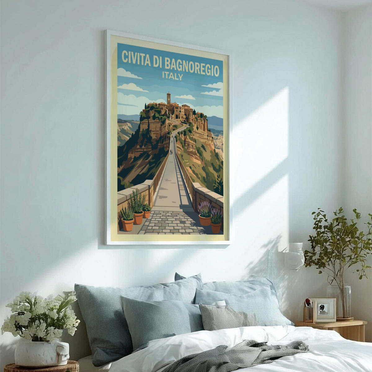 Poster of Civita di Bagnoregio showing a hilltop town and bridge in Italy.