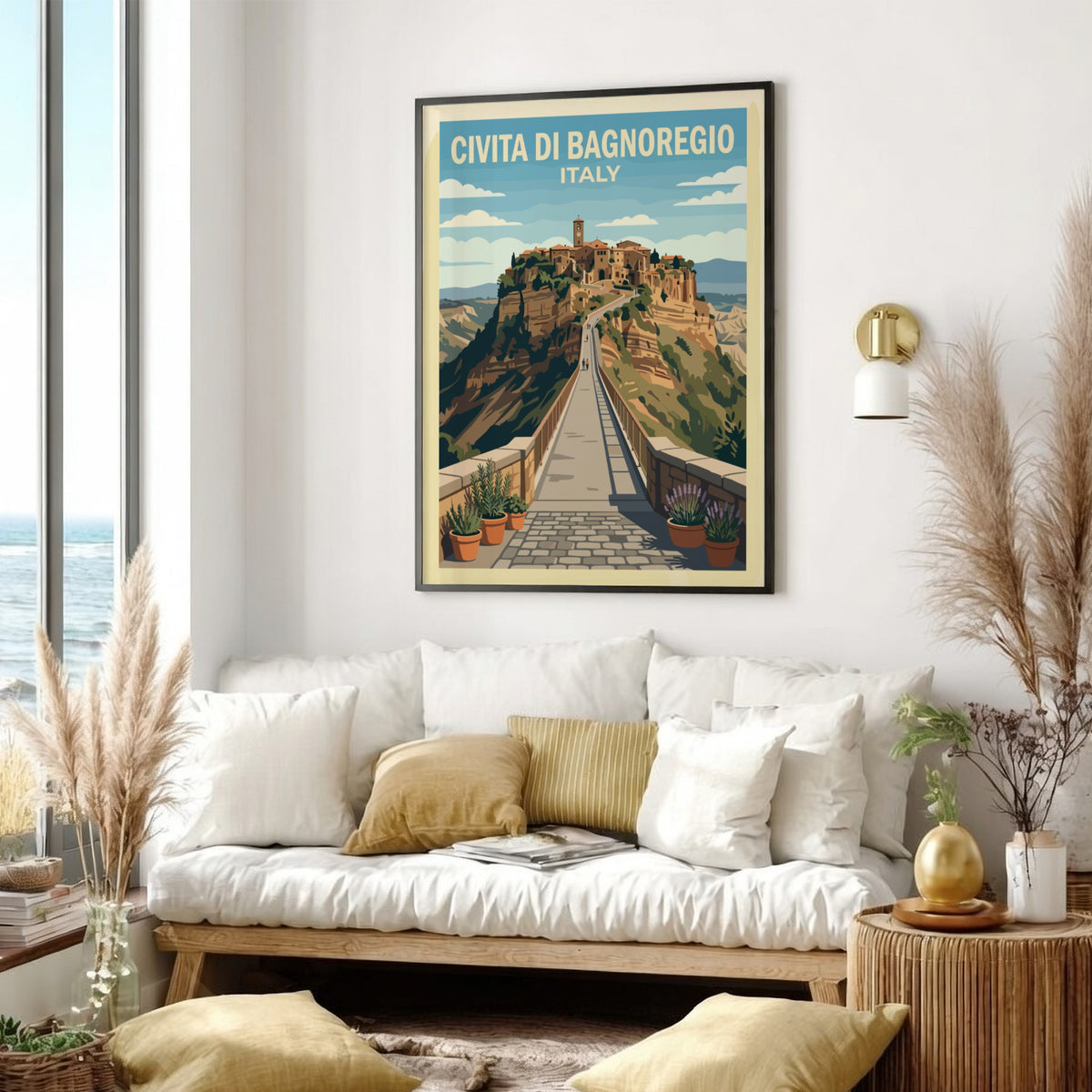 Poster of Civita di Bagnoregio showing a hilltop town and bridge in Italy.