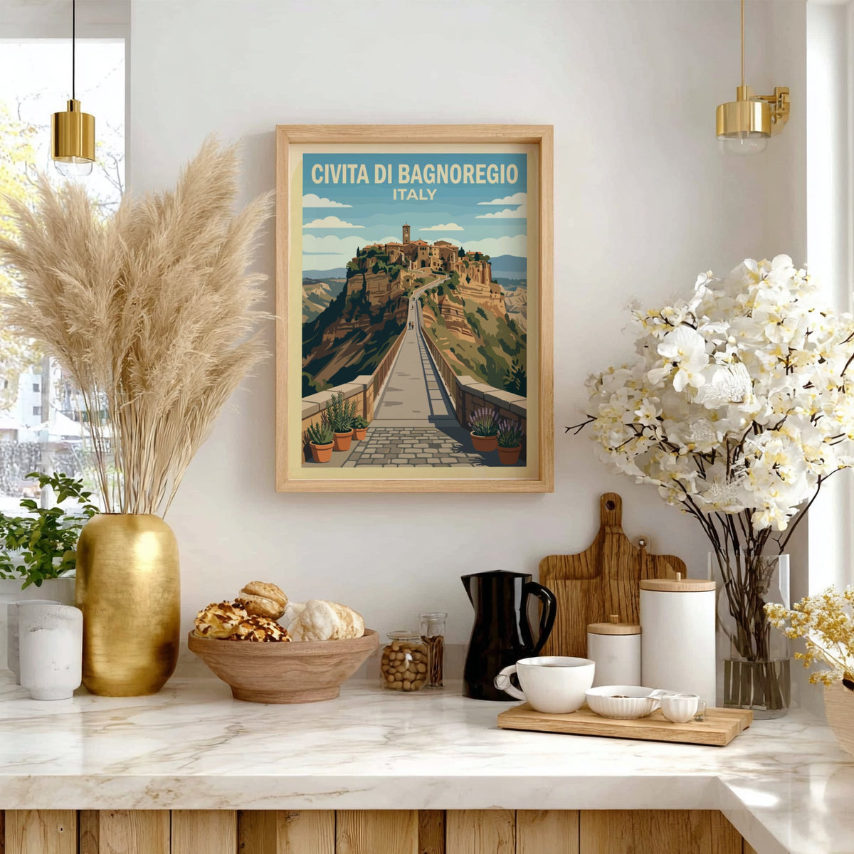 Poster of Civita di Bagnoregio showing a hilltop town and bridge in Italy.