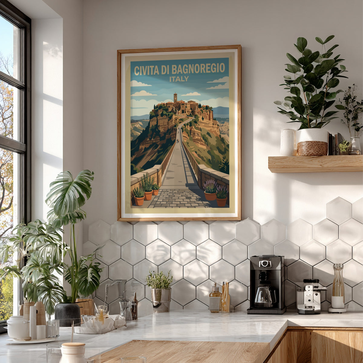 Poster of Civita di Bagnoregio showing a hilltop town and bridge in Italy.