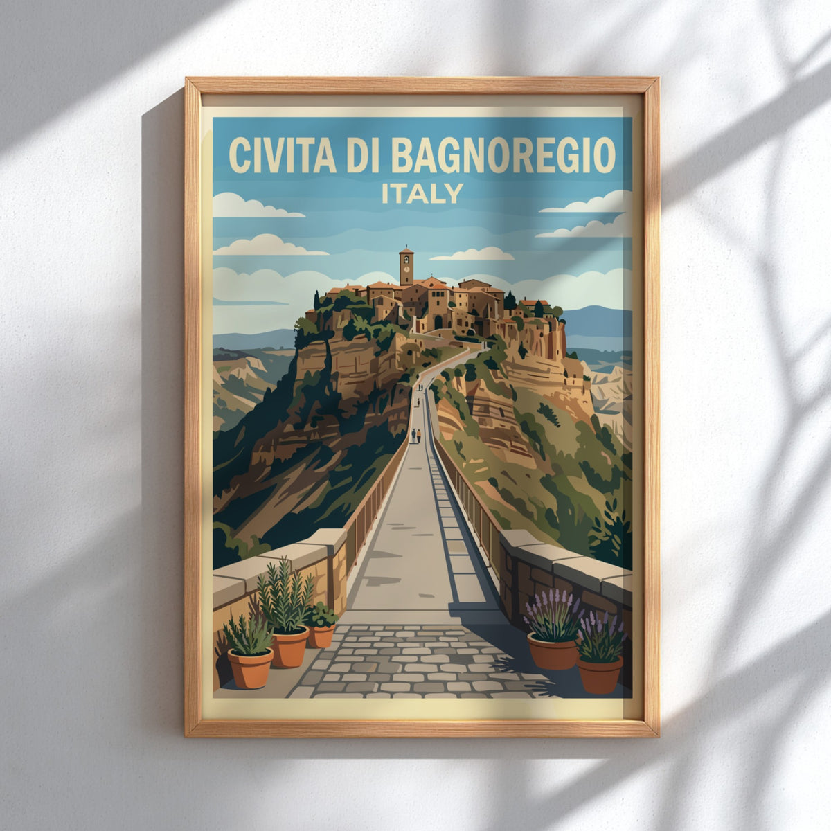Poster of Civita di Bagnoregio showing a hilltop town and bridge in Italy.