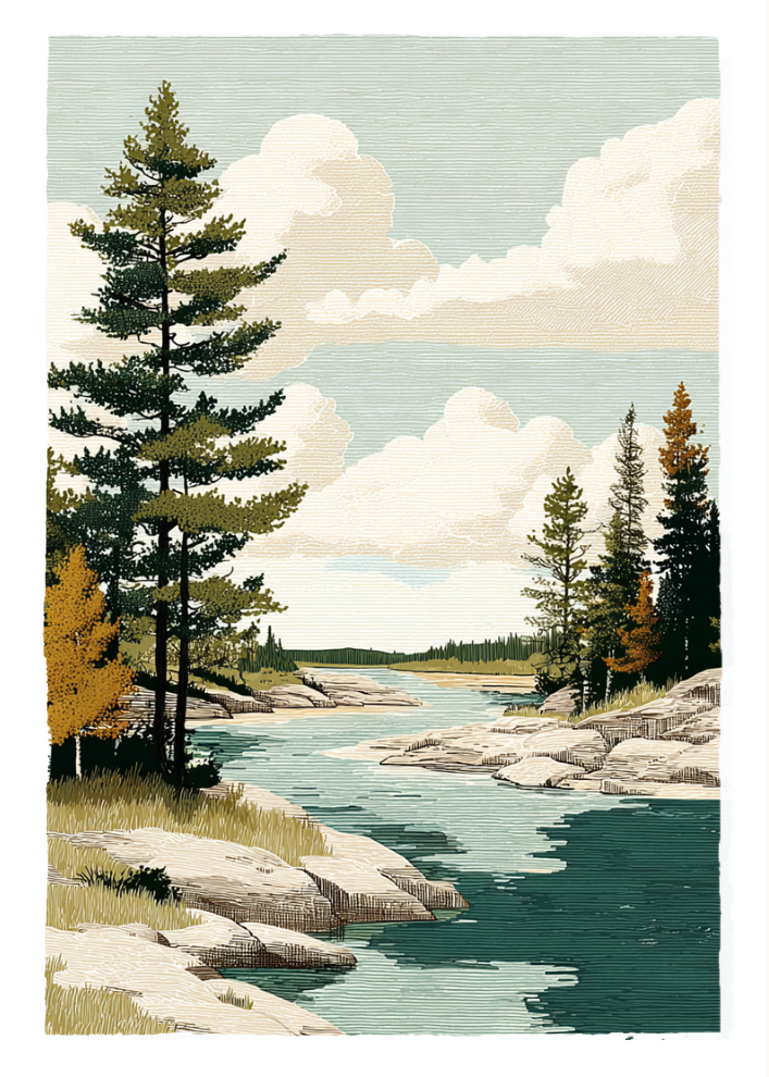 Scenic illustration of a river with trees and rocks under a blue sky with clouds.