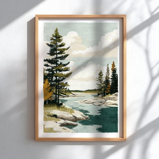 Framed artwork of a landscape with trees and water on a white wall.